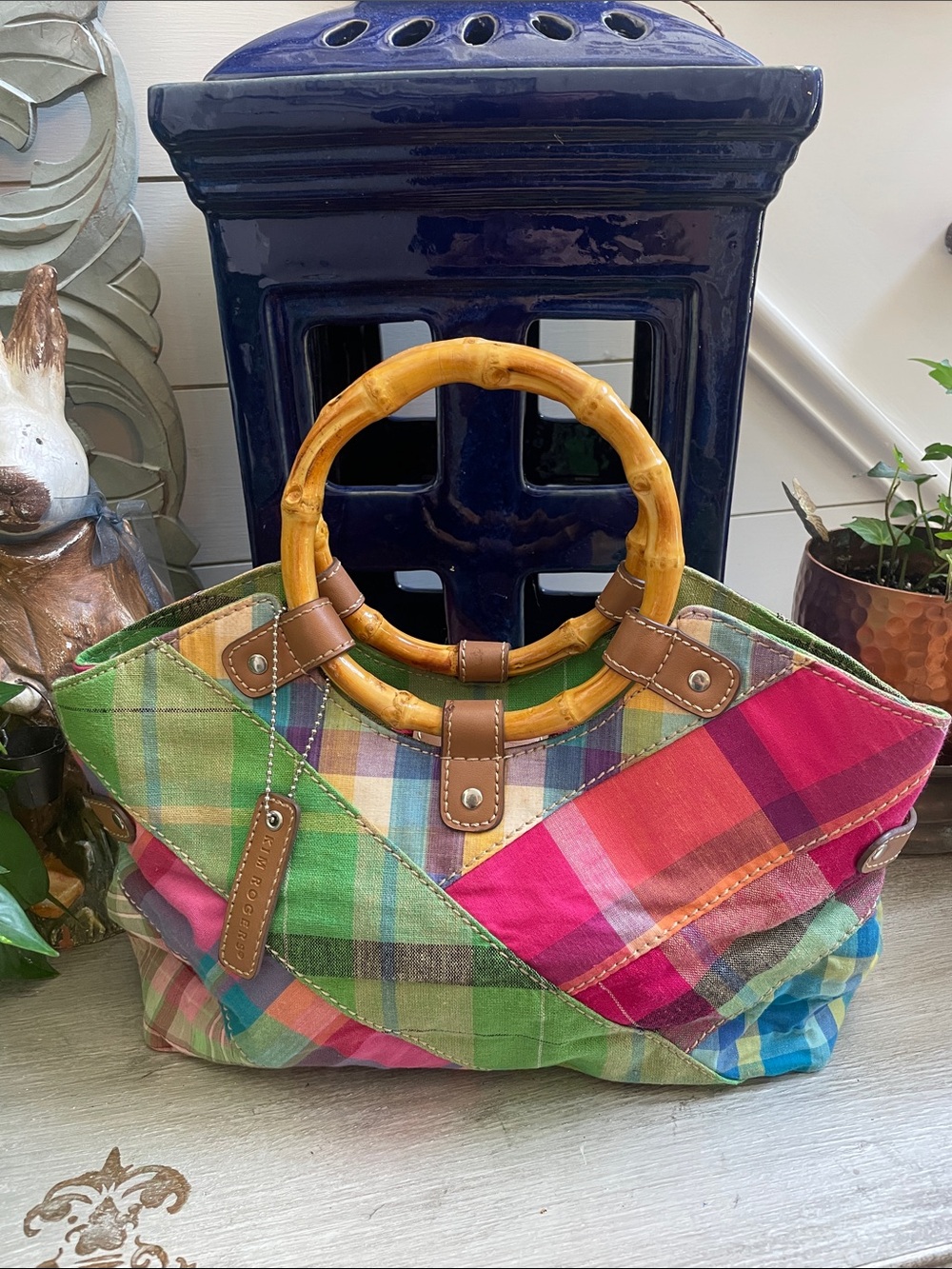 Kim Rogers Multicolor madras Plaid Bamboo Handle Tote